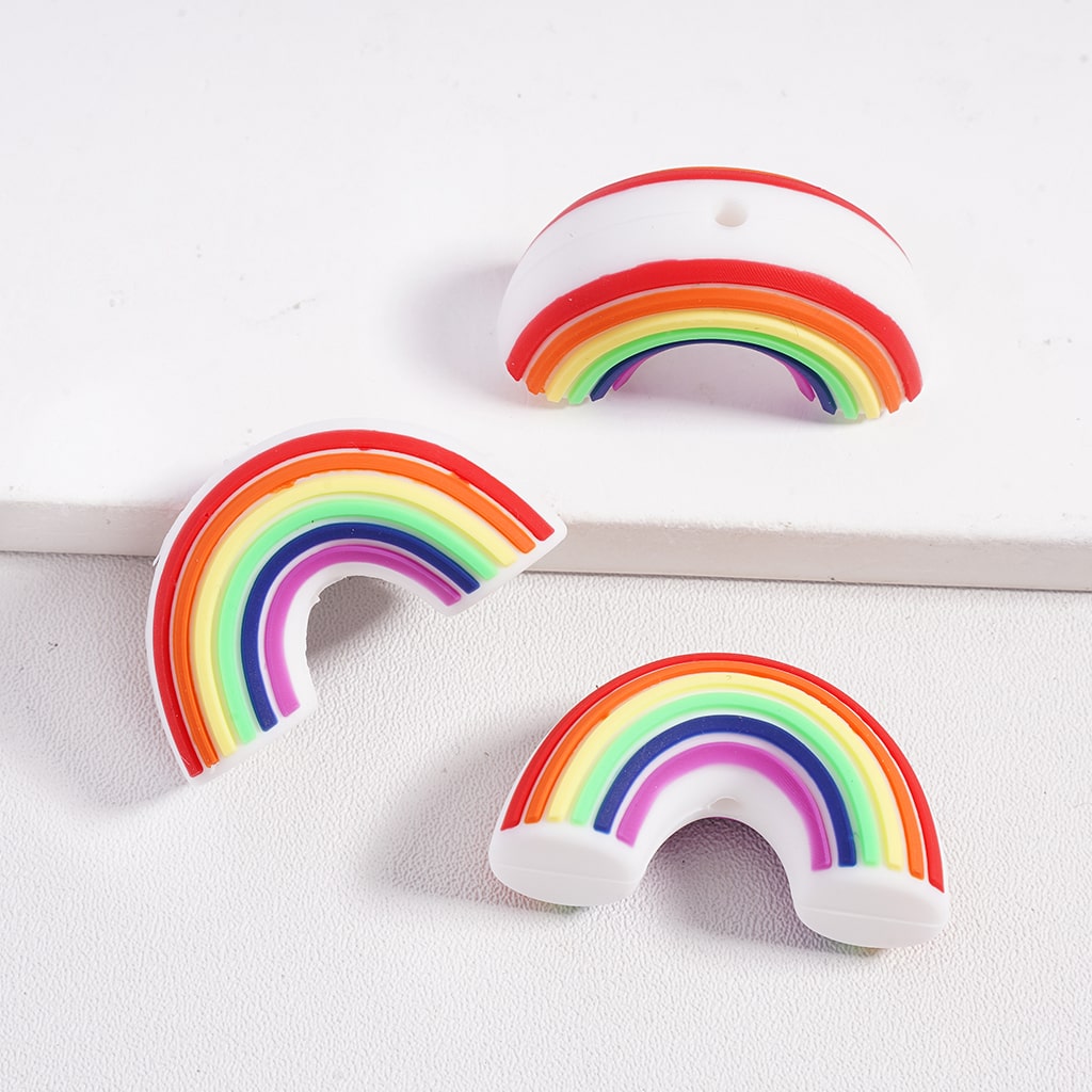 Silicone Focal Beads 3D Rainbow with Cloud Star Flower in Various Designs, Random Mix