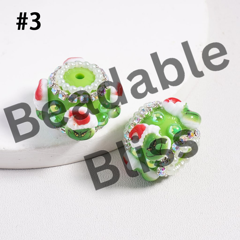 Acrylic Beads Green Character w Christmas Hat Green Half-Shell Pearls & AB Rhinestones Chains, 22MM