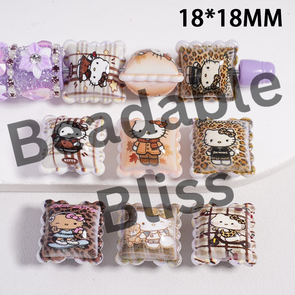 Acrylic Beads Cute Cat Character Series, Pillow Shape, Jaguar Print Random Mix, 18*18MM