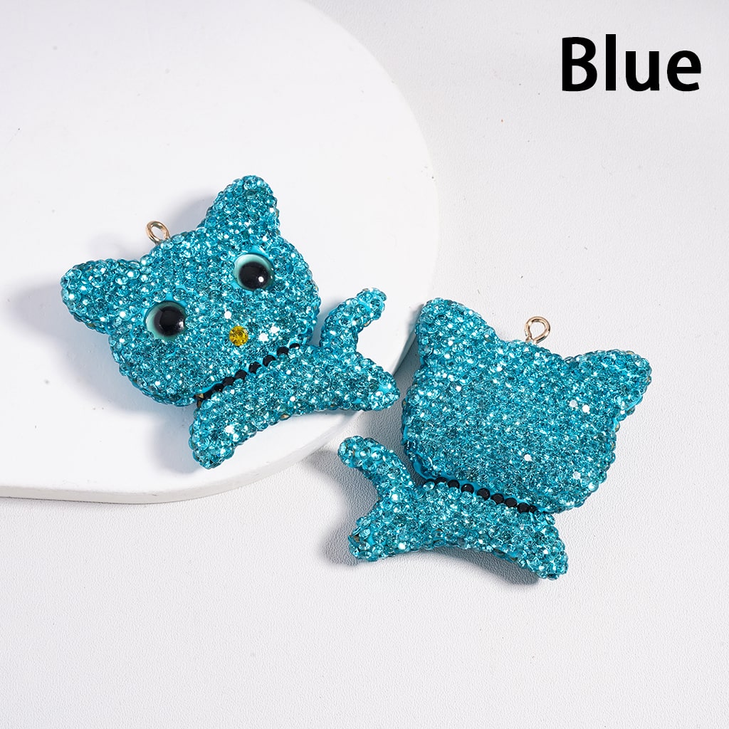 Clay Keychain Pendant Large-Sized Cat, Jewelry Accessories w Rhinestones, Multi-Color, 49*50MM