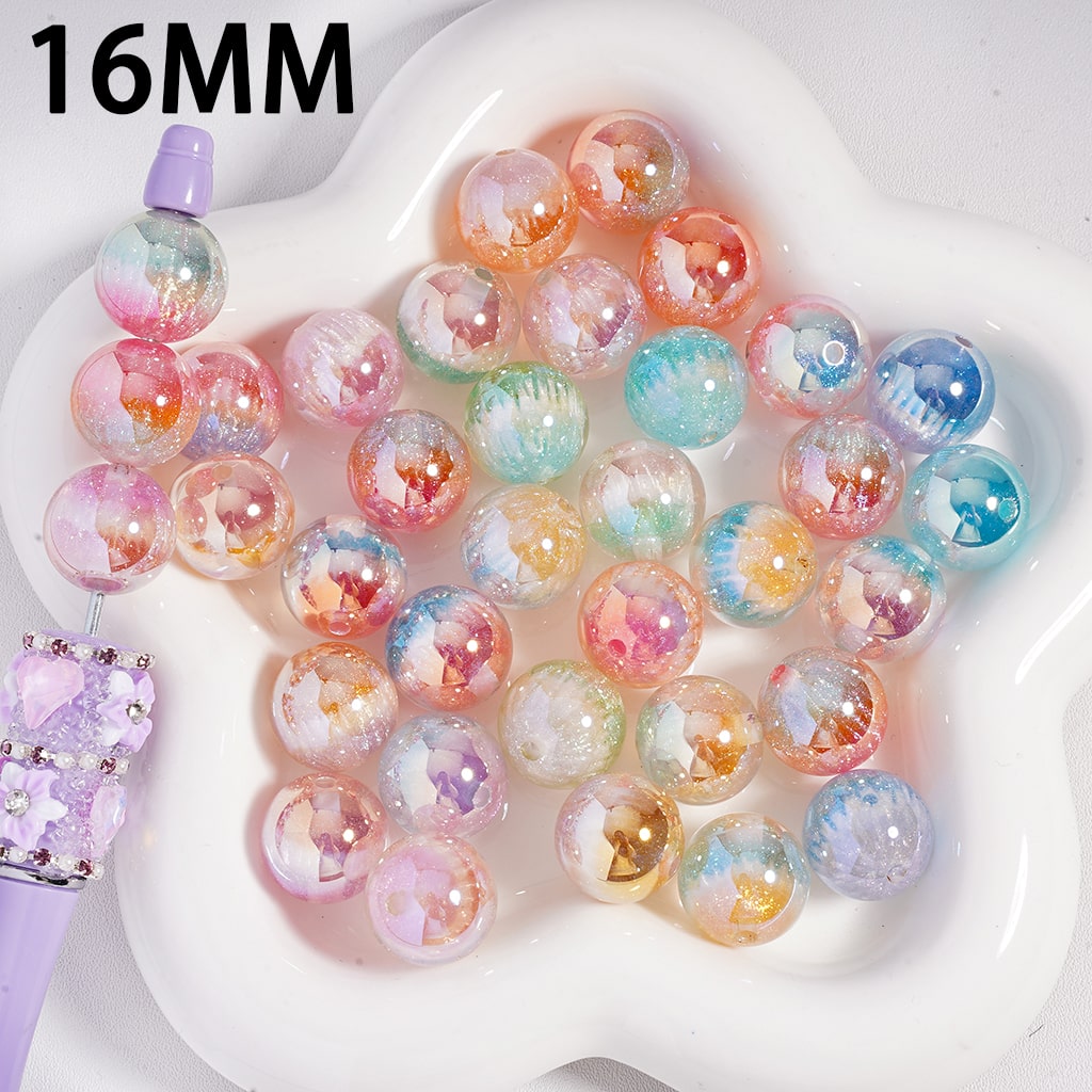 Acrylic Beads UV Coating with Glitter, Three Ombre Colors and Translucent, 16MM, Random Mix