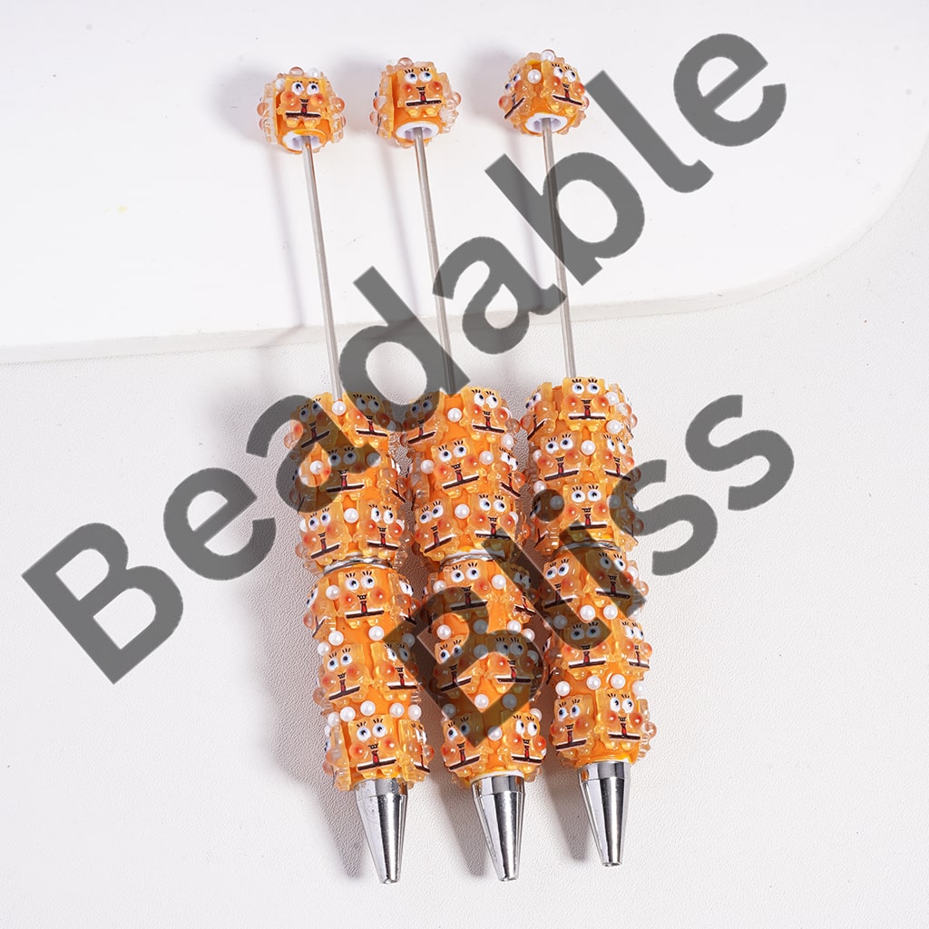 Beadable Clay Pen Cute Orange Big Eye Sponge Baby with White Pearls
