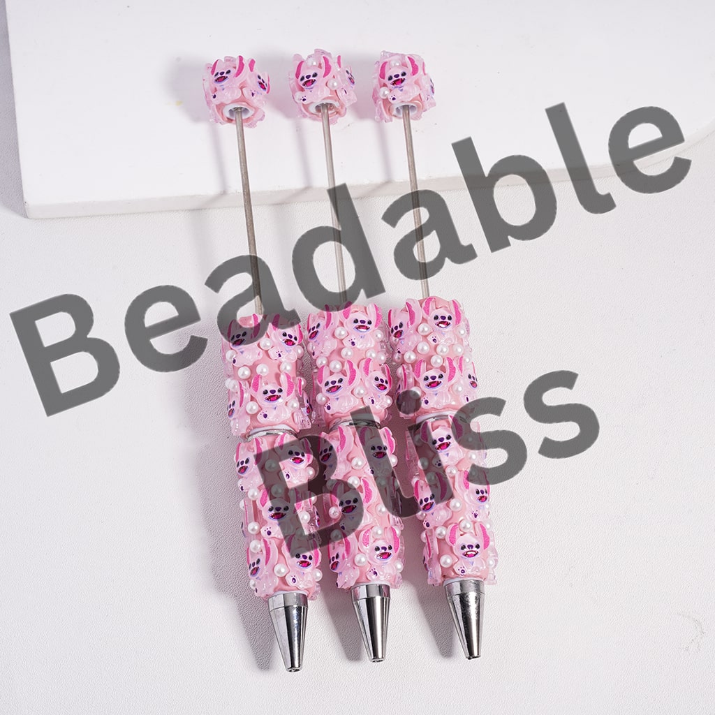 Beadable Clay Pen with Cute Pink Monster Character & White Pearls