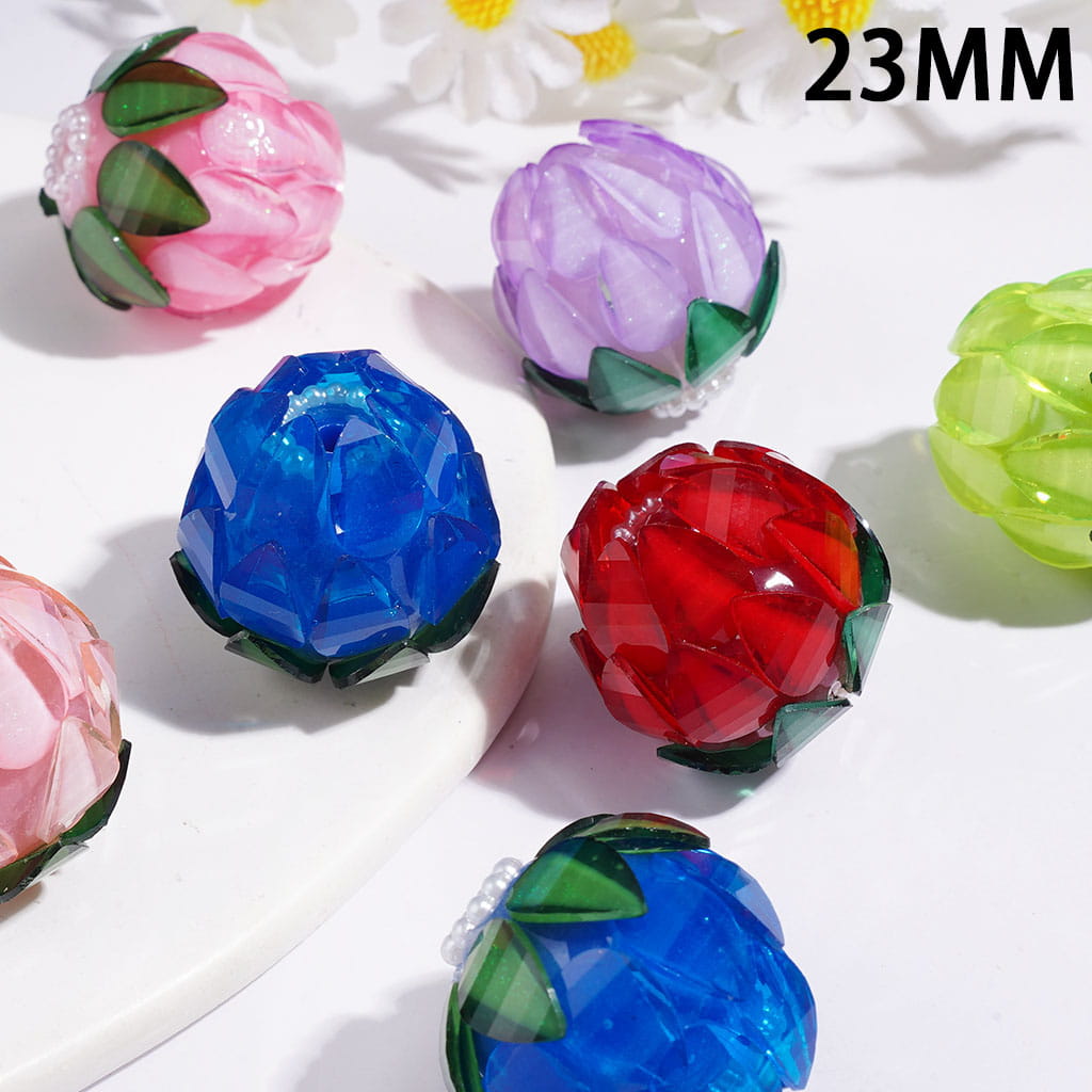 Handmade Acrylic Beads Flower Bud with Glittery Water Drop Rhinestone and White Pearl Chains, 23MM Multi-Color Random Mix