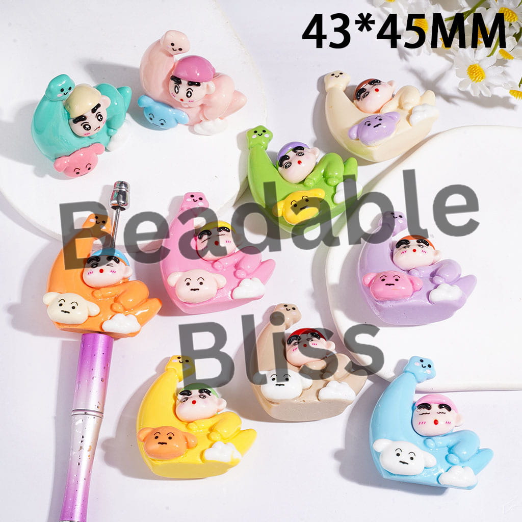 Japanese Funny Boy Character Sitting in Moon with Dog Cloud Acrylic Figurine for Beads and Pen Topper, Jewelry Accessories, 43*45MM Random Mix