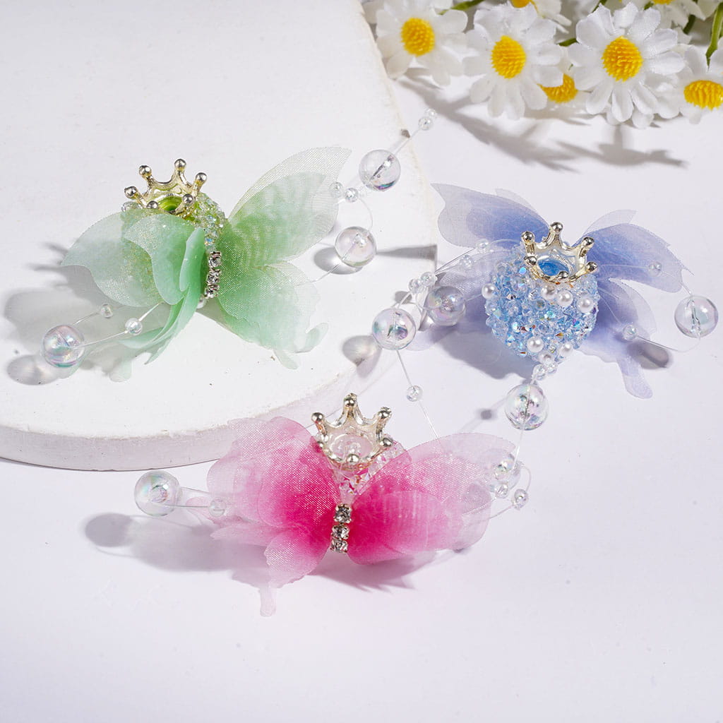Acrylic Sugar Beads w Shiny Rhinestone & White Pearl, Metal Crown & Clear Ball Chains, Lace Fabric Butterfly & Transparent Strings w Balls, Random Mix Multi-Color