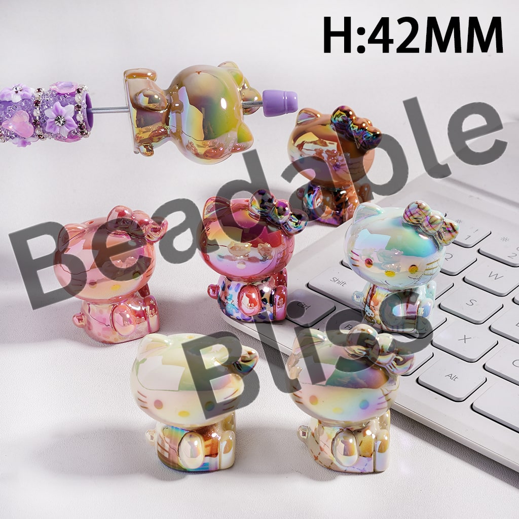 Acrylic Beads UV Coating Cute Cat Character Sitting Sideways, Height 42MM, Random Mix