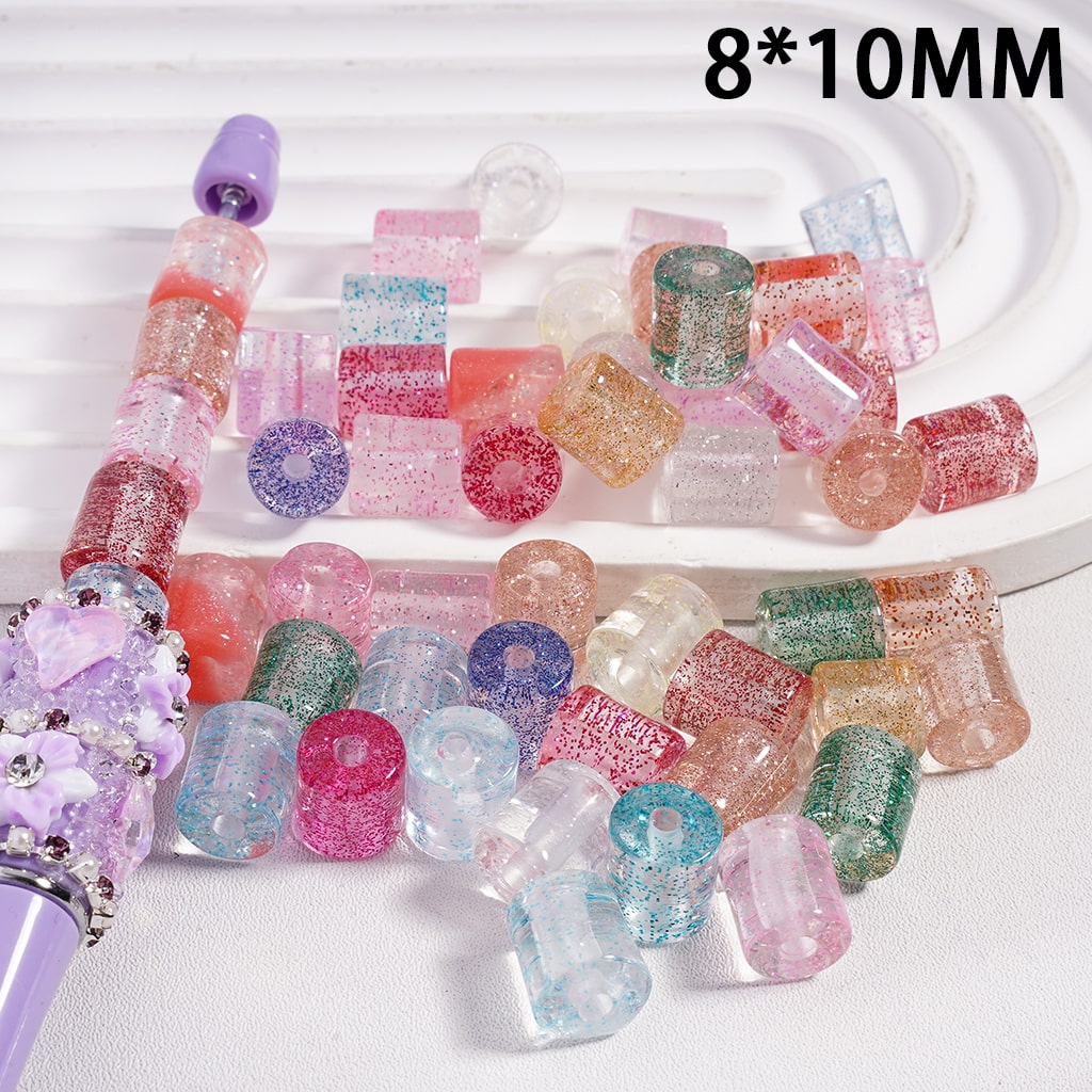 Acrylic Beads Cylinder Glitter Inside, Multi-Color & Transparent Color, 8*10MM, Random Mix