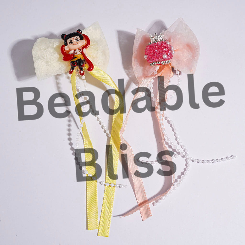 Acrylic Sugar Beads with Metal Crown White Pearl & Clear Rhinestone Chains, Fabric Bowtie w Cartoon Characters, Long Ribbon & Pearl Tassels, Random Mix Multi-Color