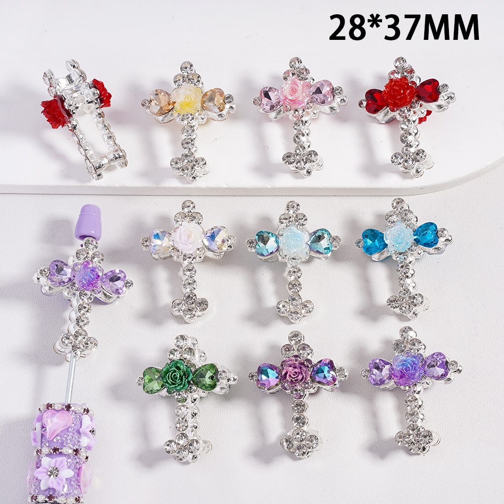 Silver Color Metal Beads, Fancy Cross with Clear Rhinestones & Rose Flower, 28*37MM, Random Mix