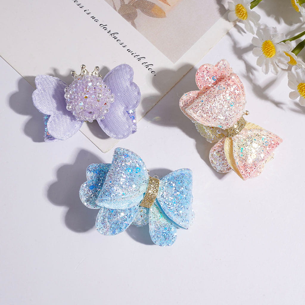 Acrylic Sugar Beads with Shiny Rhinestone & White Pearl, Metal Crown & Clear Ball Chains, Gradient Fabric Bow w Confetti, Random Mix Multi-Color