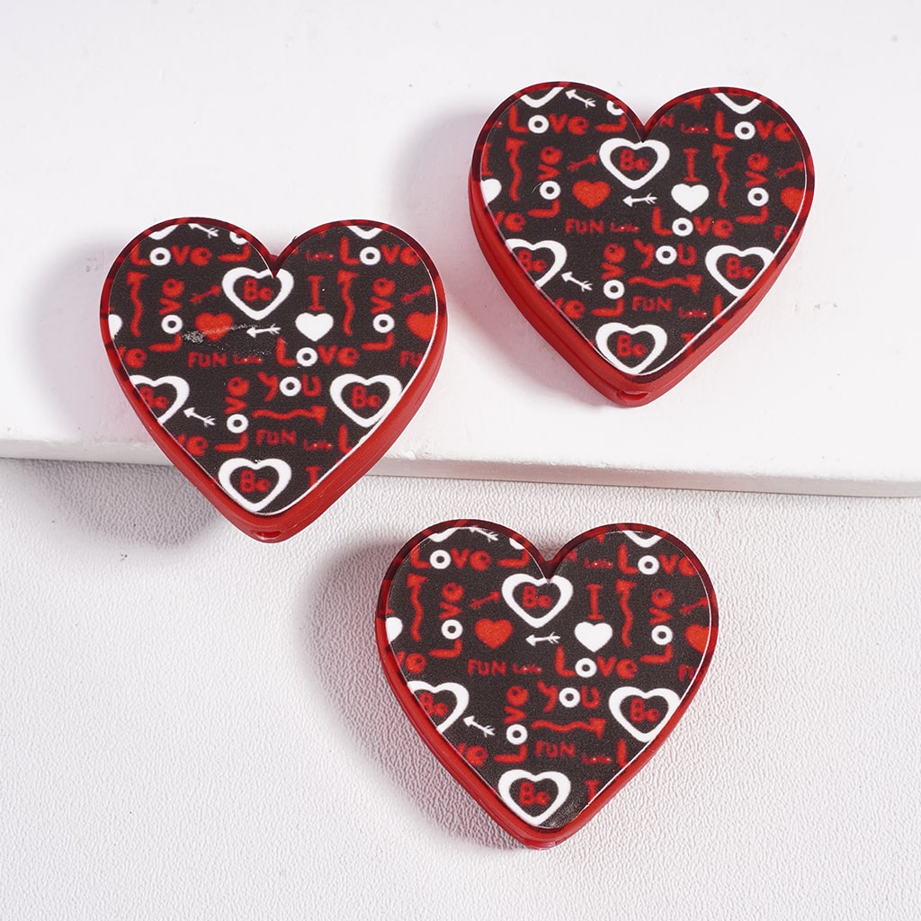 Silicone Focal Beads with Text "I Love You" and Black Red Colors Hearts, Valentine's Day Love Theme