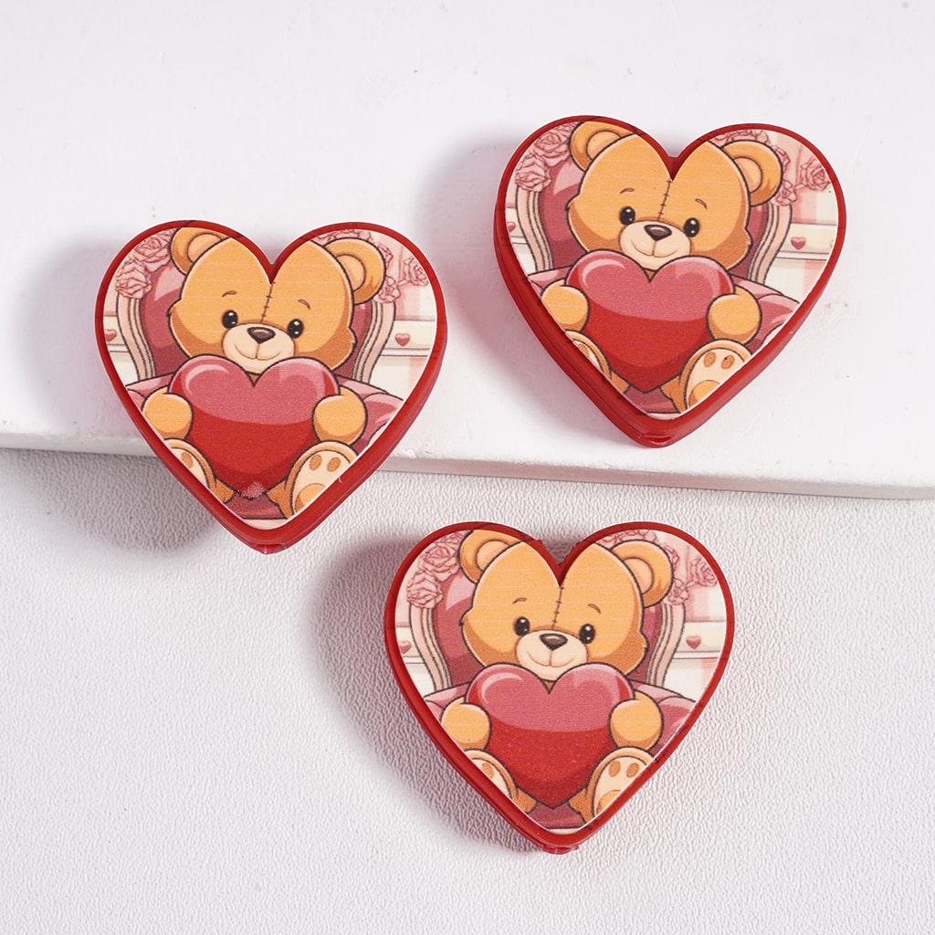 Silicone Focal Beads with Light Brown Bear Hug Red Heart and Rose Flowers Valentine's Day, Heart Shape