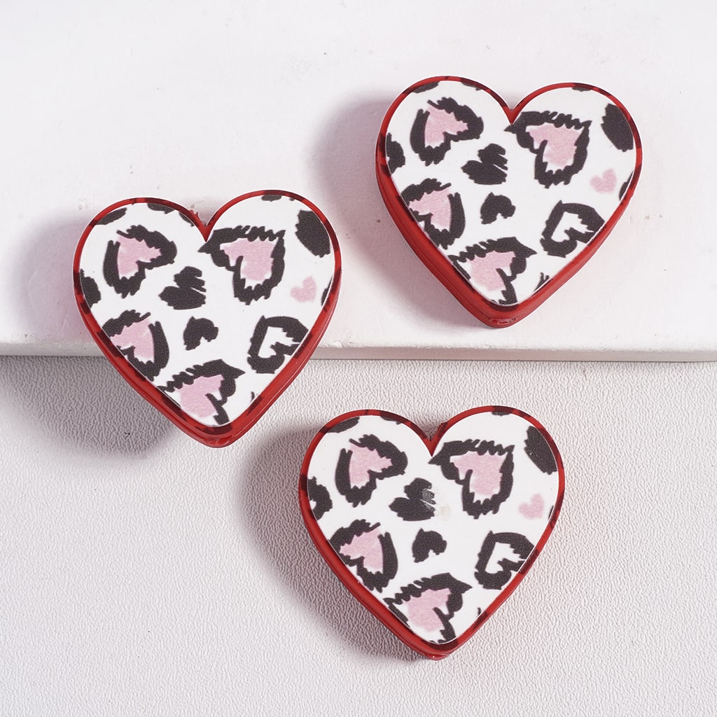 Silicone Focal Beads with Leopard-Print Hearts Valentine's Day Theme, Heart Shape