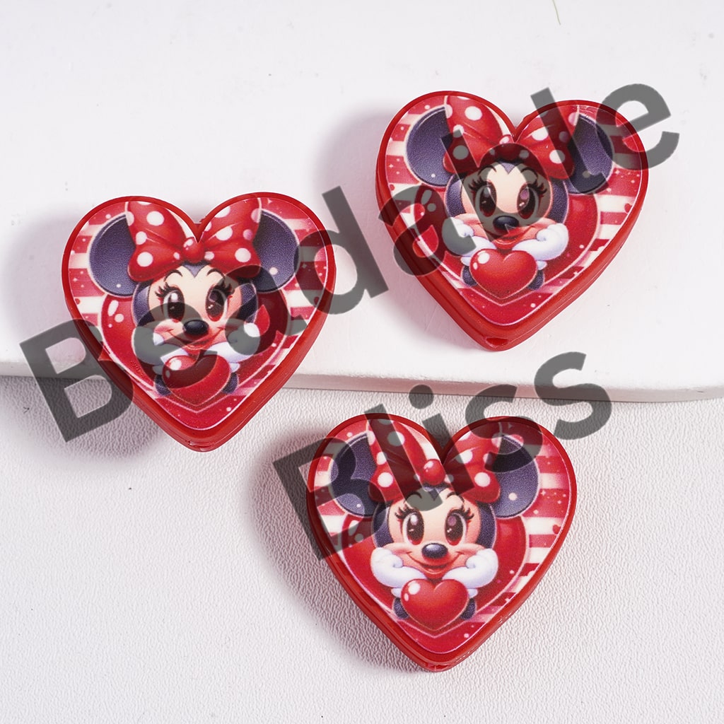 Silicone Focal Beads Girl Mouse Character Chin in Hand and Red Heart Valentine's Day Style, Heart Shape