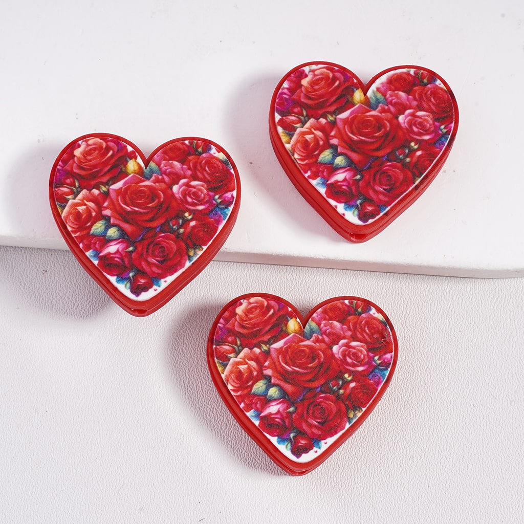 Silicone Focal Beads with Red Rose Flowers Valentine's Day, Heart Shape