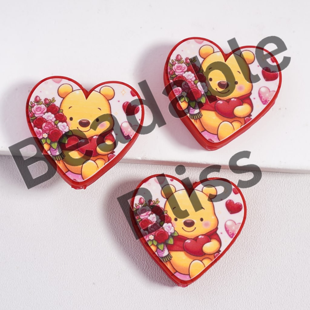 Silicone Focal Beads Cute Yellow Bear Character Holding A Bouquet Rose Flowers and Red Heart Valentine's Day Theme, Heart Shape