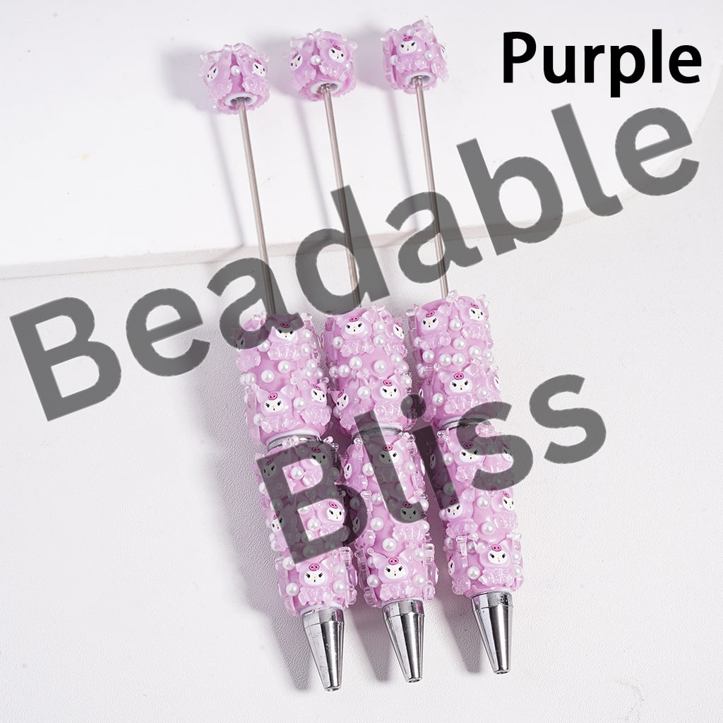 Beadable Clay Pen with Cute Japanese Character & White Pearls, Multi-Color