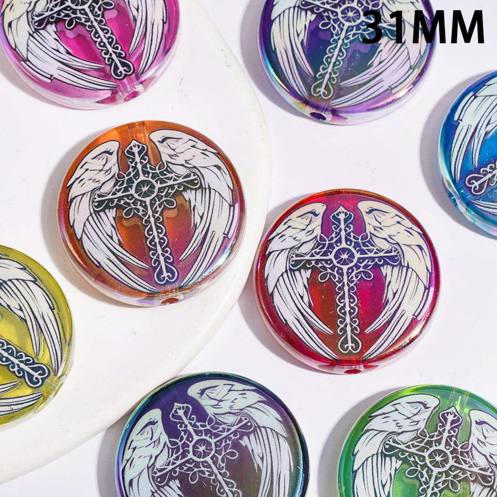 UV Coating Acrylic Beads with Cross and Angel Wings, 31MM, Flat Round Shape, Multi-Color, Random Mix