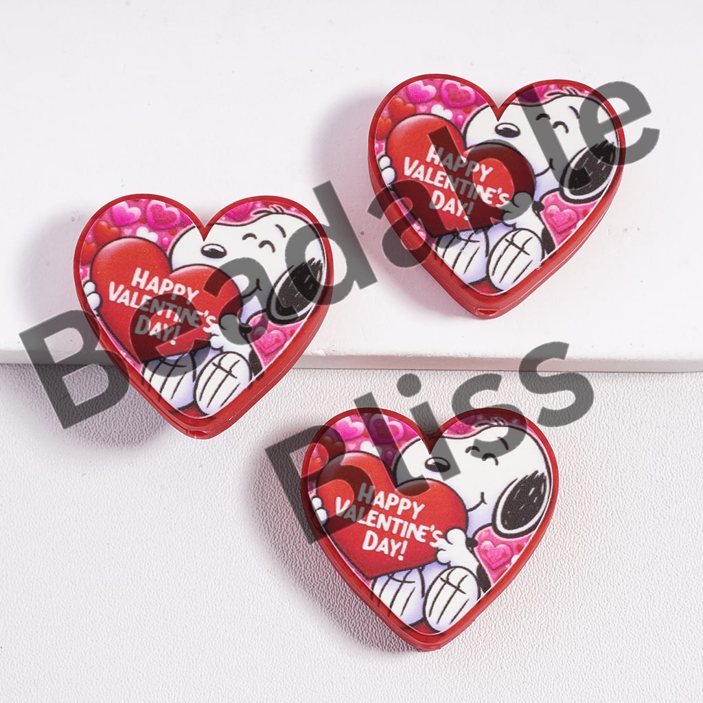 Silicone Focal Beads Cute Dog Character Holding Large-Sized Red Heart with Text "Happy Valentine's Day", Heart Shape