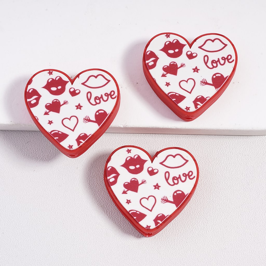 Silicone Focal Beads with Text "Love" and Heart Hit by Cupid's Arrow Valentine's Day, Heart Shape