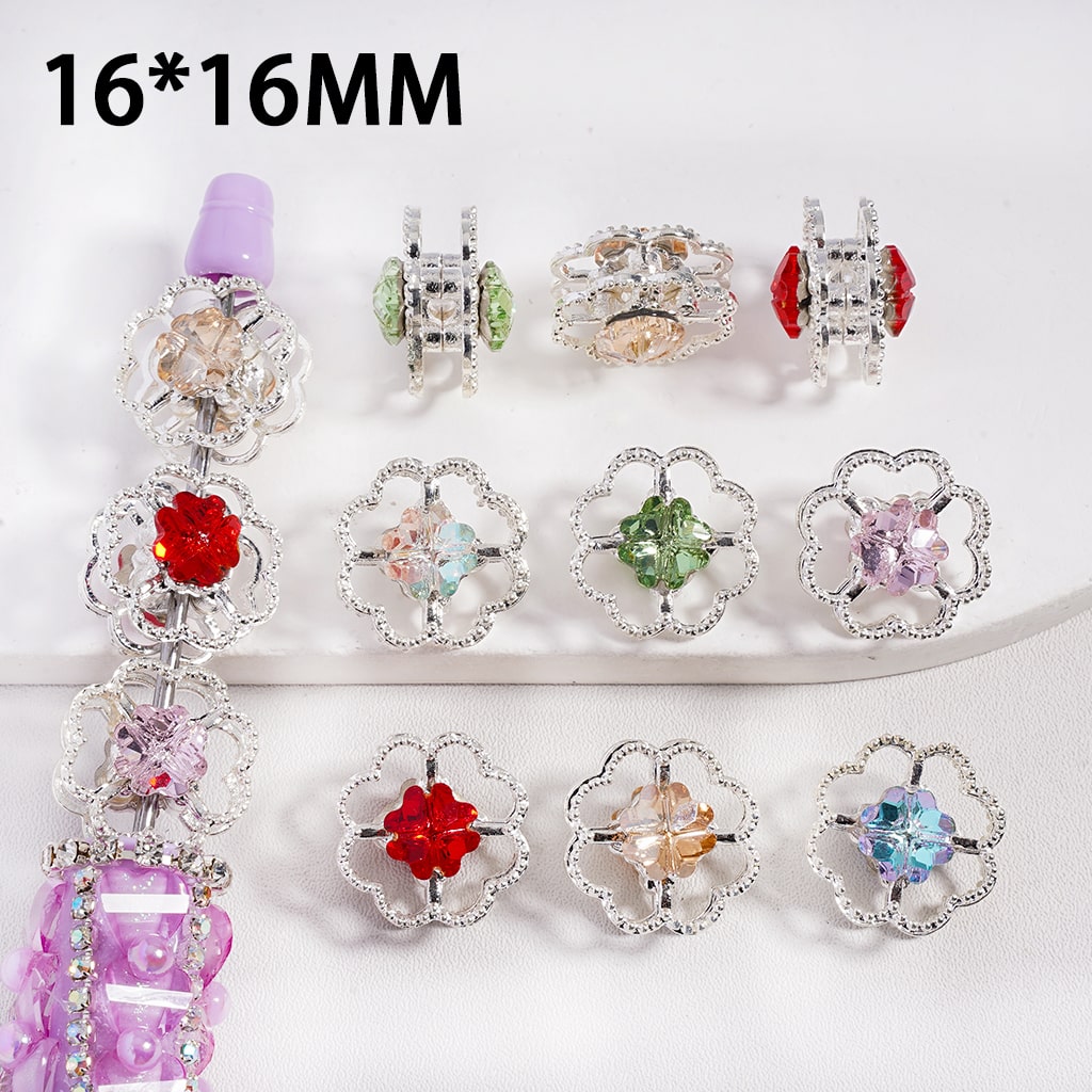 Fancy Silver Color Metal Beads Flower with Four Leaf Clover, 16*16MM, Clear Rhinestone, Random Mix