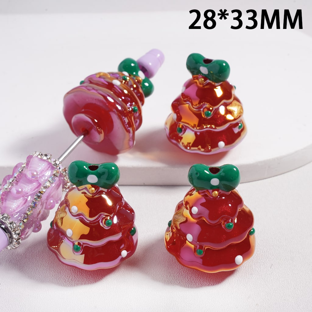 Acrylic Beads UV Coating Glittery Christmas Tree with Bowtie Star Polka Dots, 28*33MM, Multi-Color