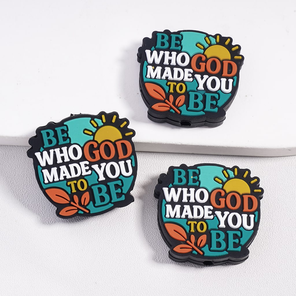Silicone Focal Beads with Text ''Be Who God Made You to Be'', Sun and Leaf