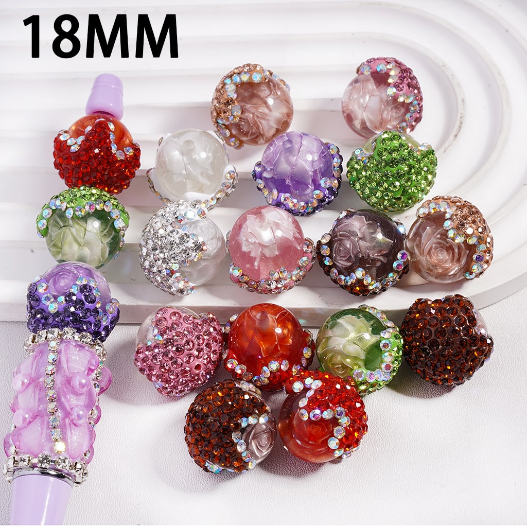Clear Acrylic Beads in Clay Flower Calyx Covered by Shiny Rhinestones, Two Rose Flowers Inside Bead, 18MM, Random Mix (It's a little hard to stick into the pen pole)