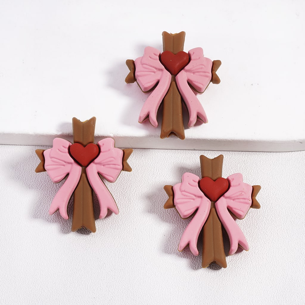 Silicone Focal Beads 3D Brown Cross with Pink Bowtie and Red Heart