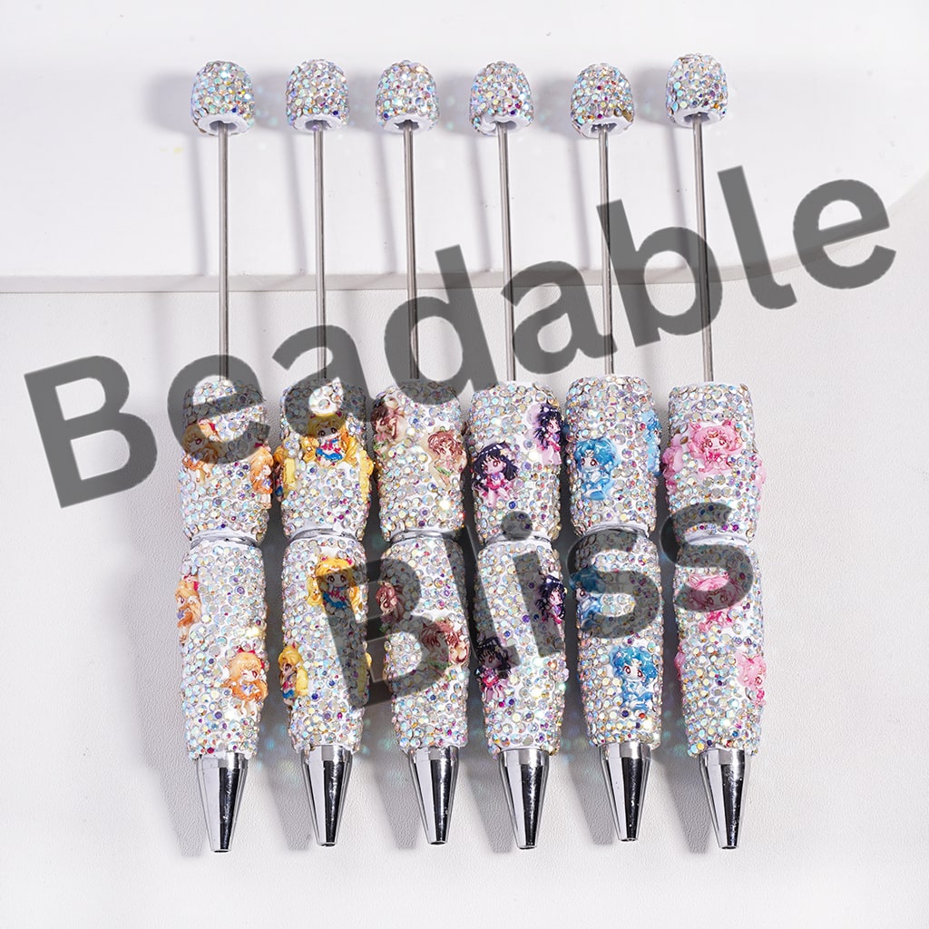 Beadable Clay Pen with Japanese Beautiful Girl Character and AB Rhinestones, Random Mix