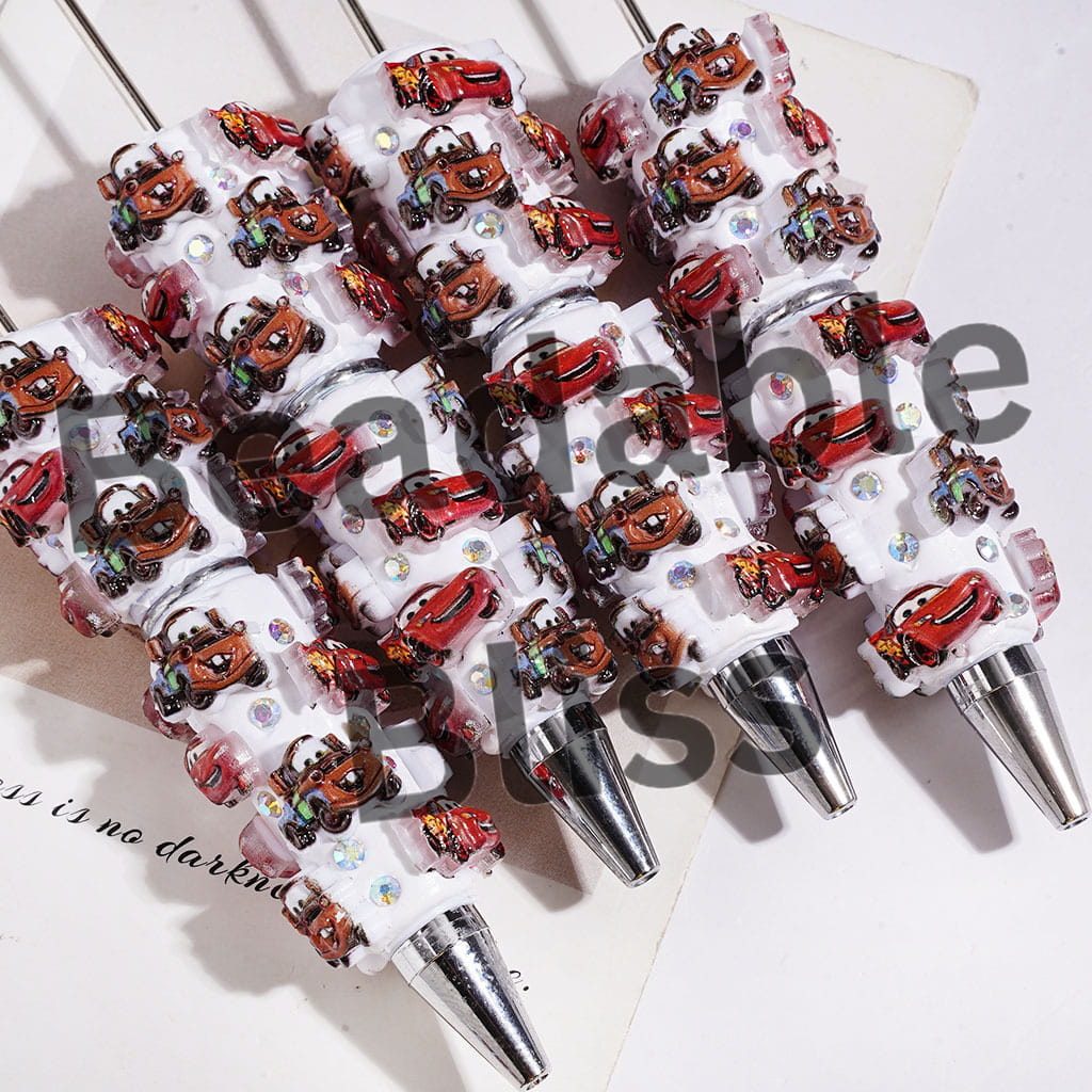 Beadable Clay Pens with Sports Car Character and AB Rhinestones on White Background, Red Brown
