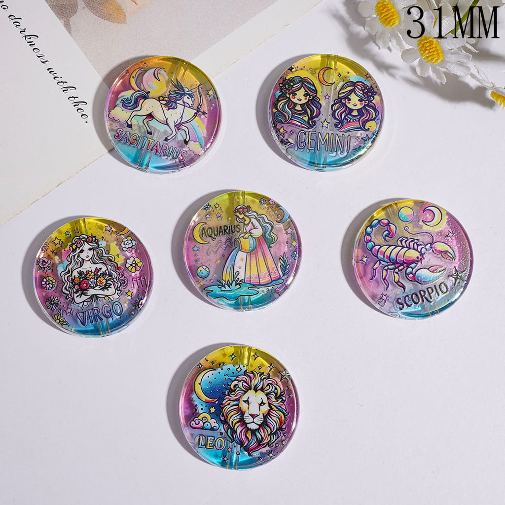 UV Coating Twelve Constellations Theme Acrylic Beads, 31MM, Pink Blue Yellow Gradient Colors, Flat Round Shape, Random Mix