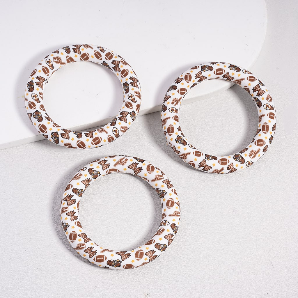 Silicone Bead Ring Frame, American Football Series Prints, Circle Round Soft Car Hanger Charm Loop, 65MM