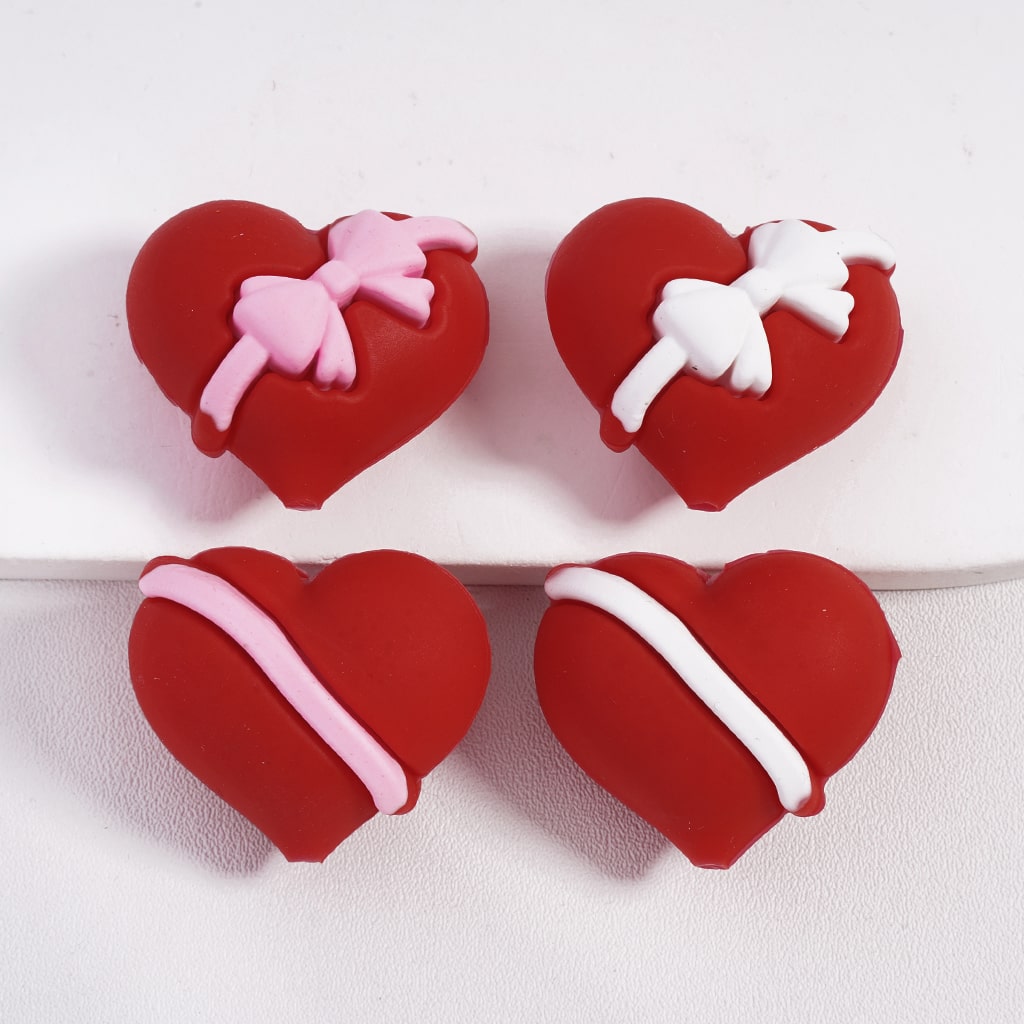 Silicone Focal Beads 3D Plump Red Heart with Pink and White Bowtie Valentine's Day Theme, Random Mix