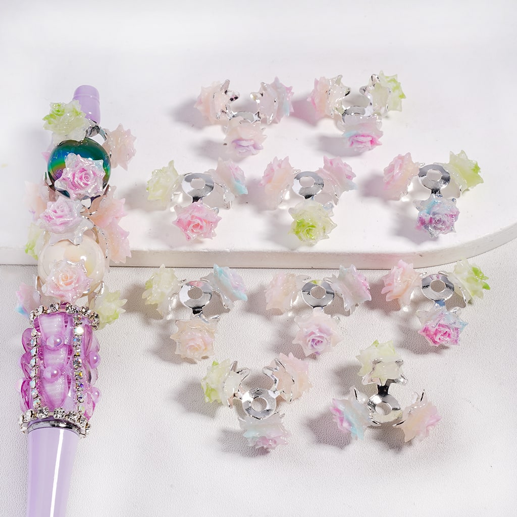 Alloy Bead Cages, Bead Cap in Silver Color, Glittery Rose Flowers, Random Mix (Please Read the Description)