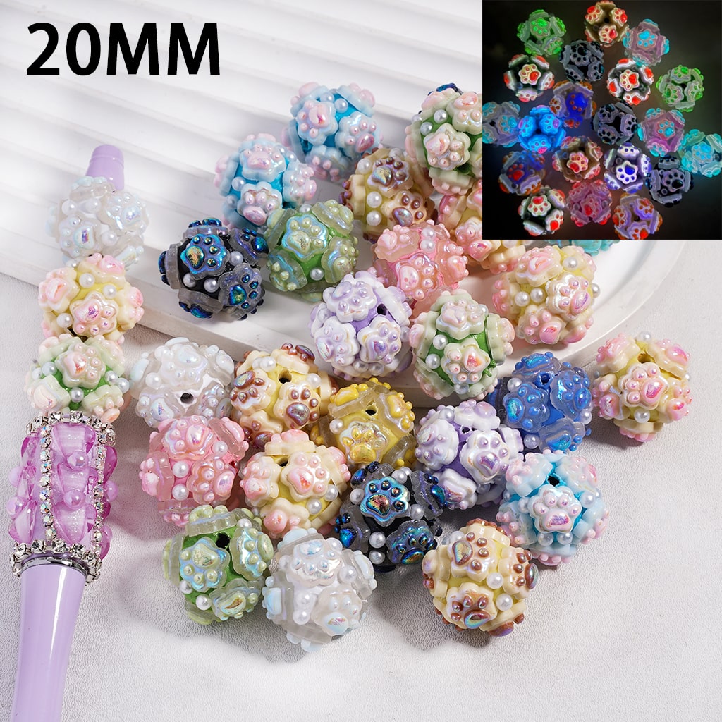 Clay Beads Luminous Cute Paw Prints White Pearls in Solid Color 20MM,Random Mix
