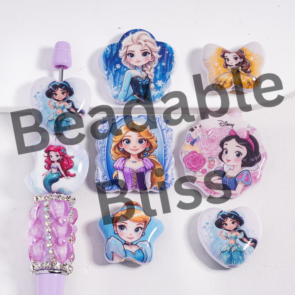 Acrylic Beads Beautiful Princess Series Double Side Prints, Various Designs and Shapes, Random Mix