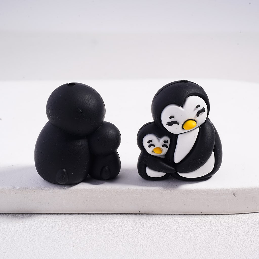 Silicone Focal Beads 3D Mom and Baby Penguins Snuggle Together, Multi-Color