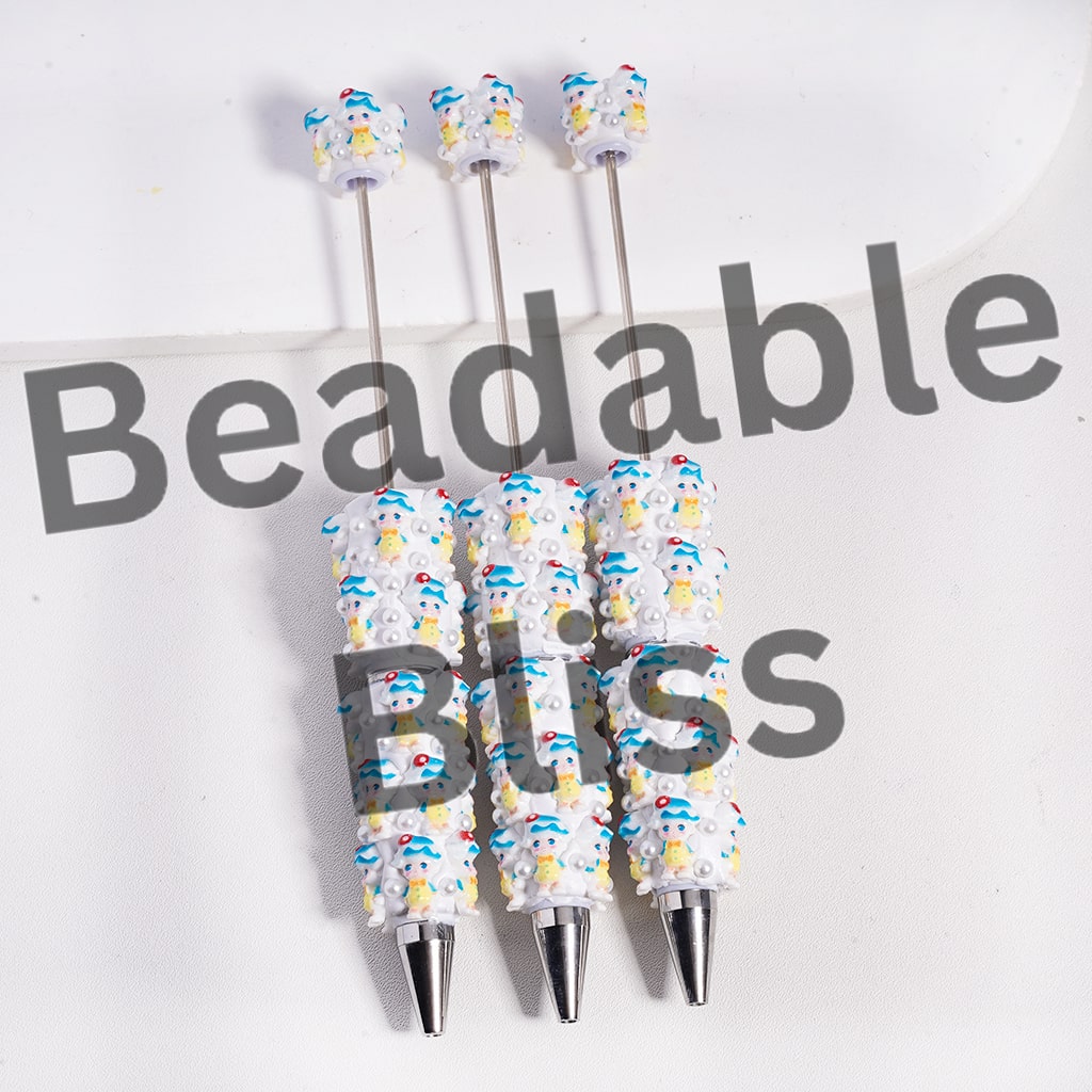 Beadable Clay Pen Shy Baby with Blue Hat and White Pearls