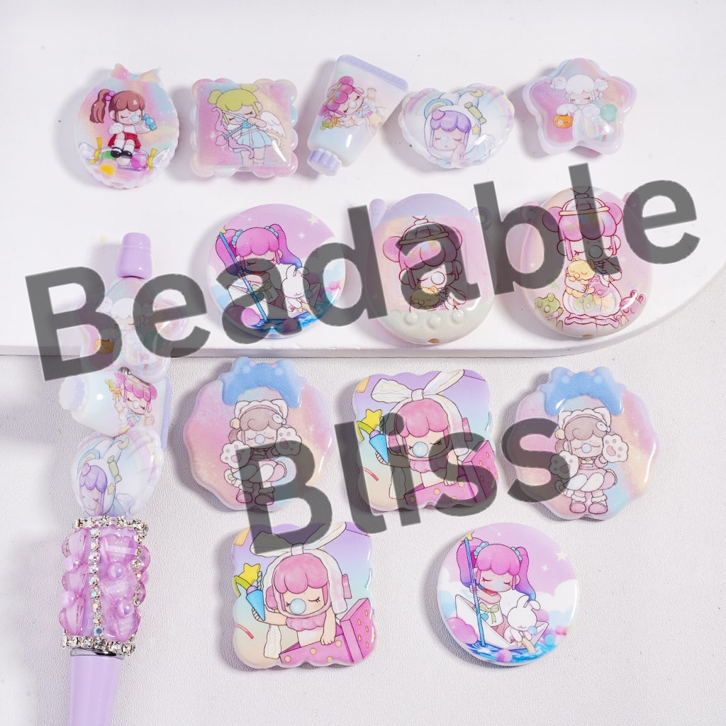Acrylic Beads Pendant Baby Girl Blow Bubbles Series Double Side Prints in Various Designs, Random Mix