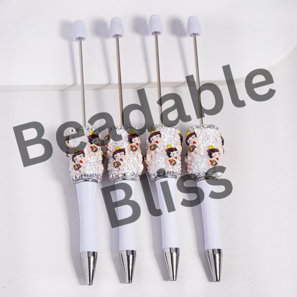Beadable Sugar Clay Pens with Old Girl Character and White Pearls, AB Rhinestone Chains