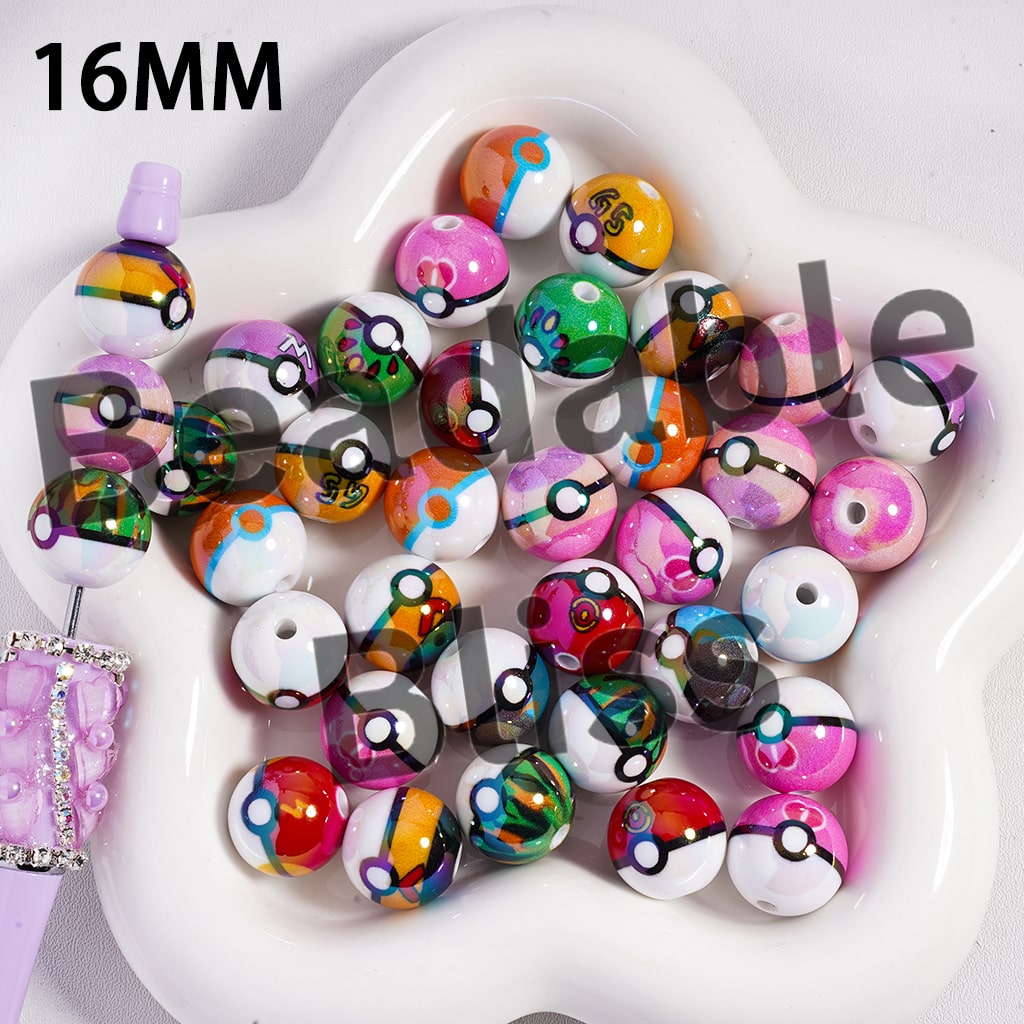 Acrylic Beads UV Coating Small Monster Series Balls with Prints, 16MM, Multi-Color, Random Mix