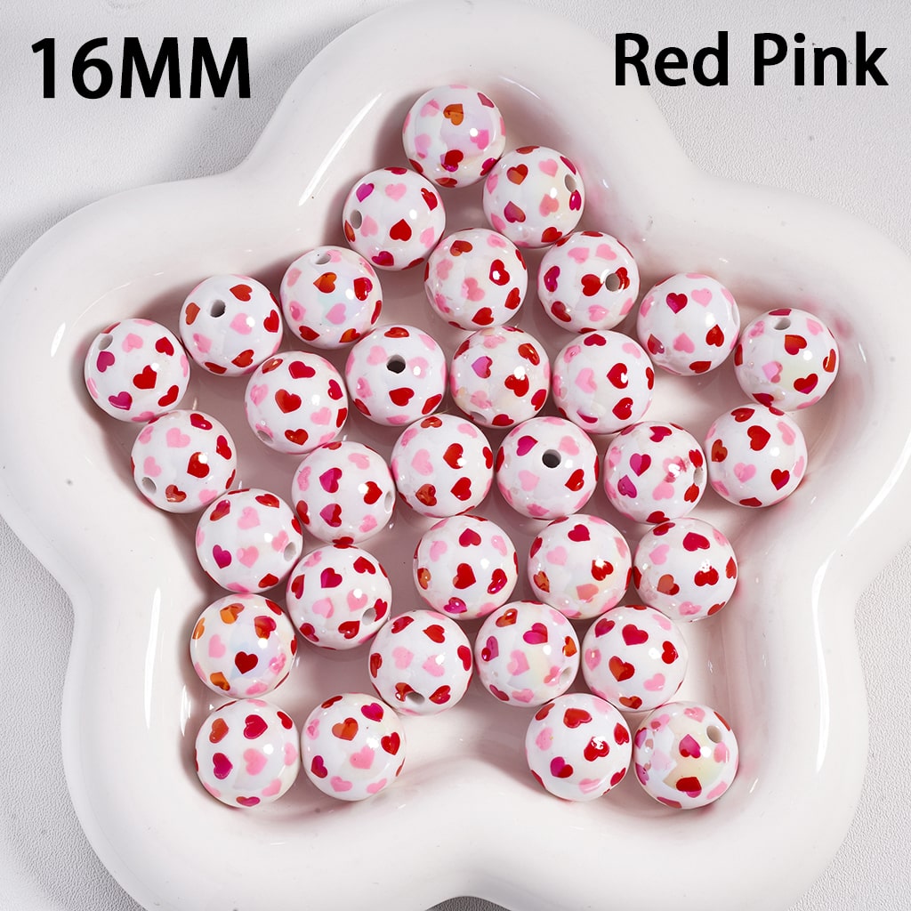 Acrylic Beads UV Coating with Small Hearts in Double Colors, Valentine's Day Love Theme, 16MM