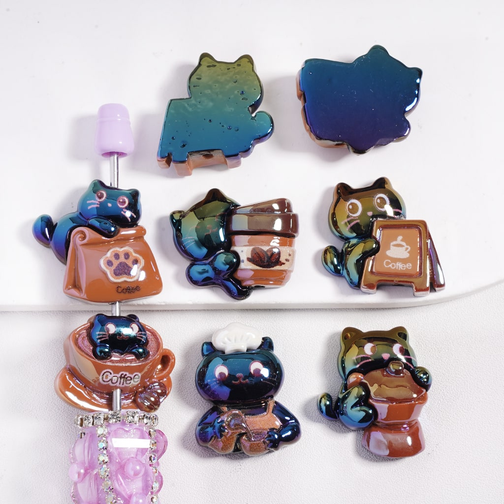 Acrylic Beads UV Coating Adorable Cat Holding Coffee in Various Designs, Random Mix