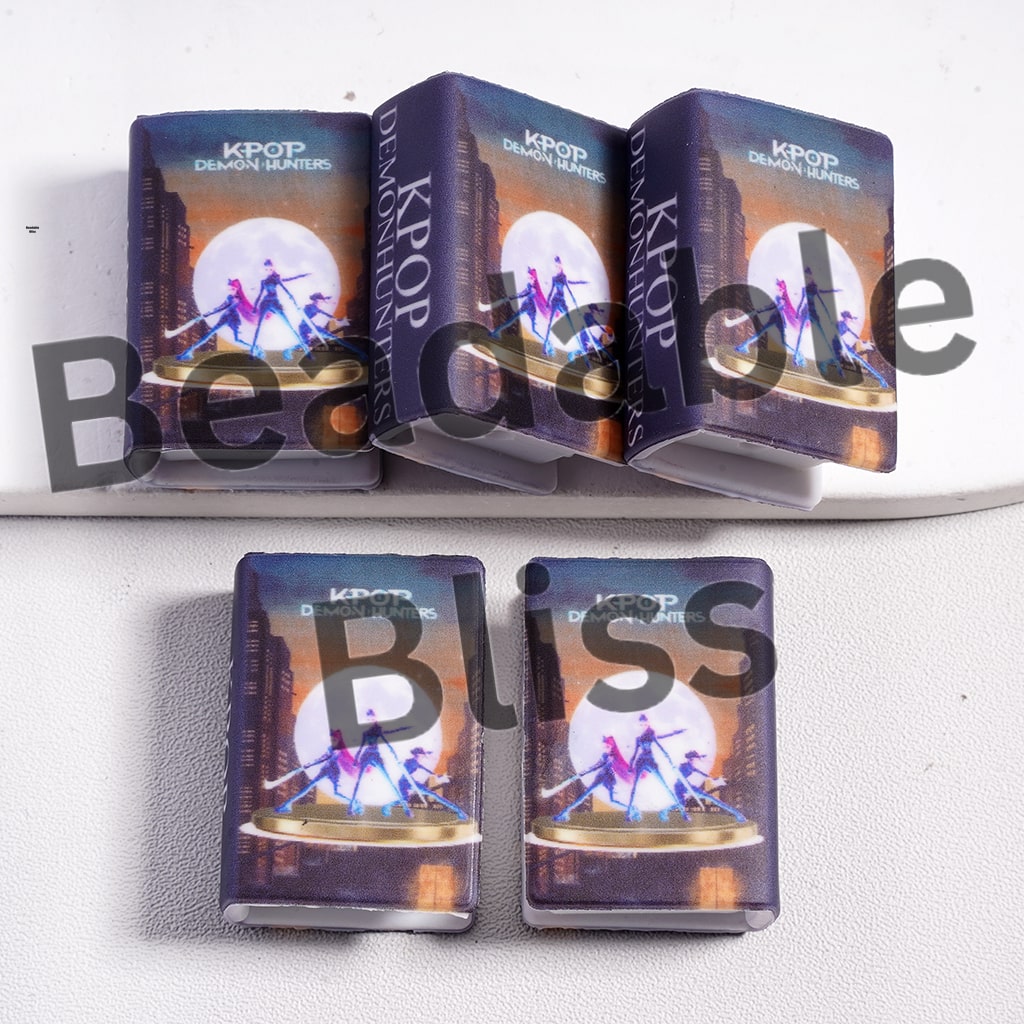 Silicone Focal Beads 3D Mini Book with Girls Group in City Nightscape Under the Moonlight