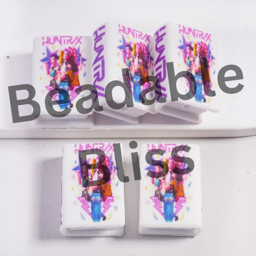 Silicone Focal Beads 3D Mini Book with Spirited Girls Group and Cat Stars on White Background