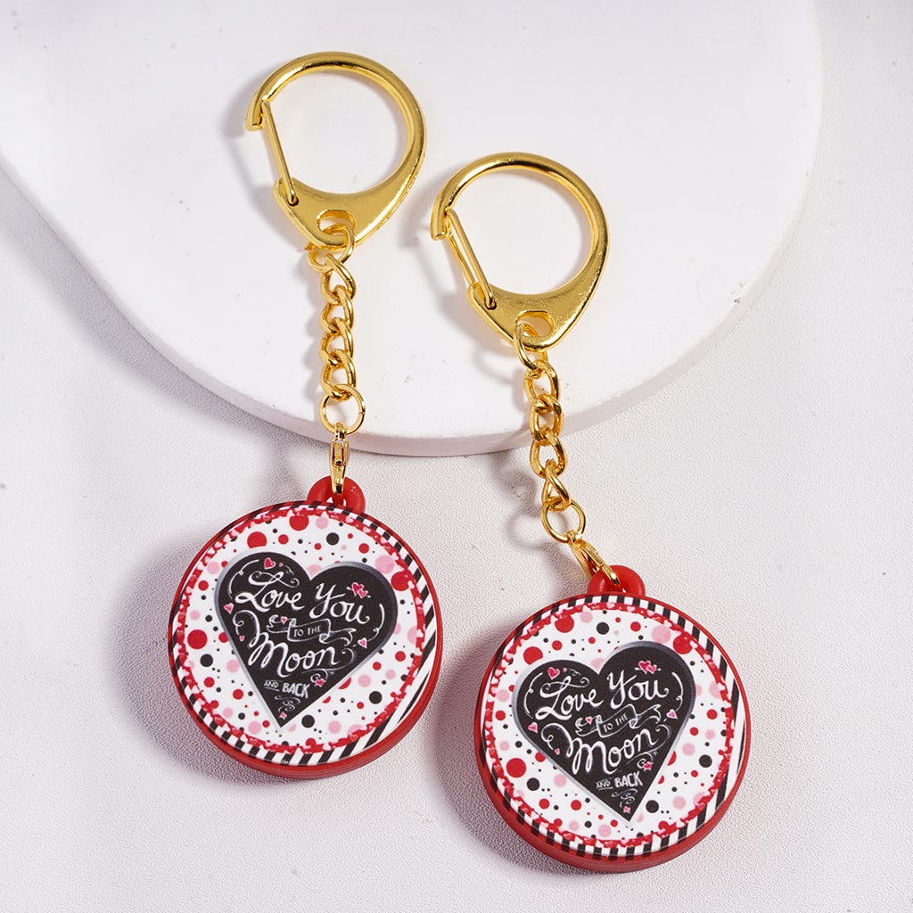 Metal Keychain w Lobster Clasp Silicone Charm Pendant, Text "Love You to the Moon and Back" & Hearts Valentine's Day Love Theme, Flat Round Shape
