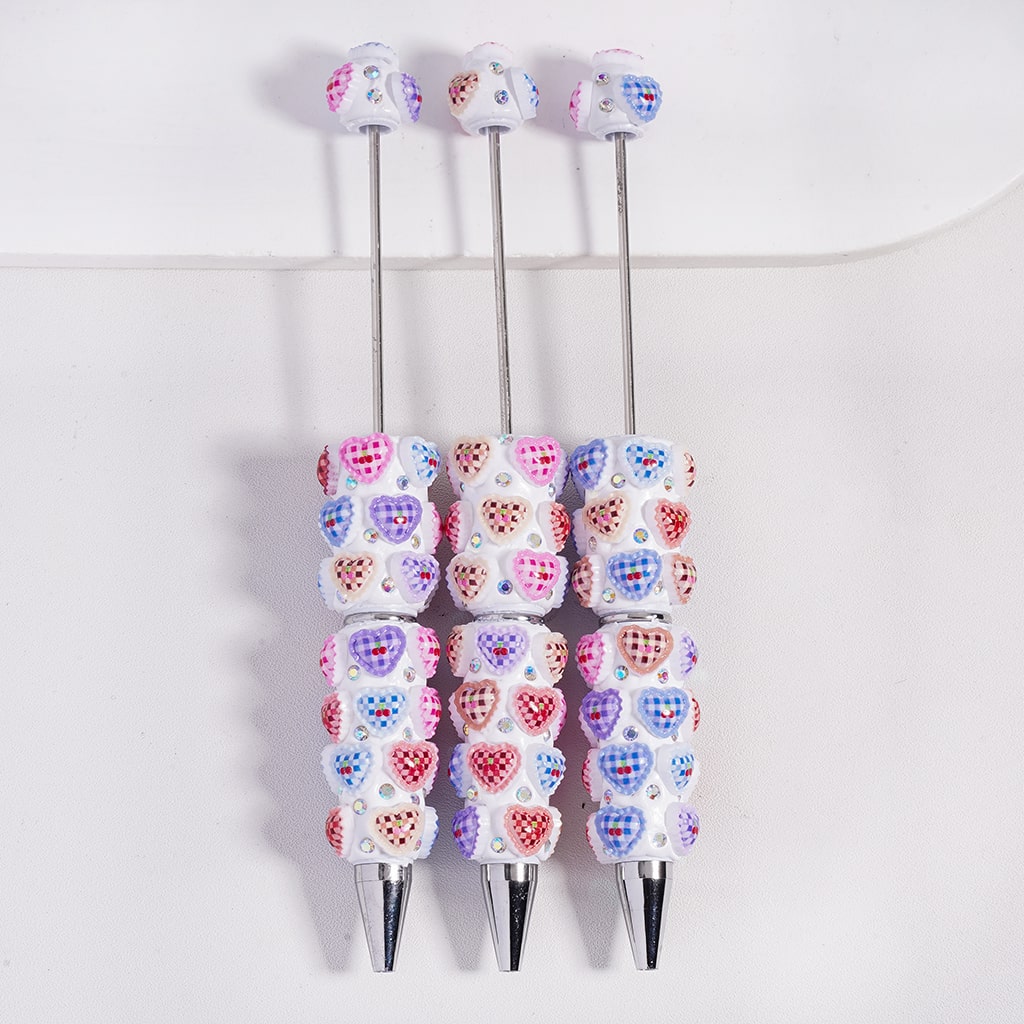Beadable Clay Pens Mini Checkered Pattern Hearts with Cherry in Various Colors and AB Rhinestones