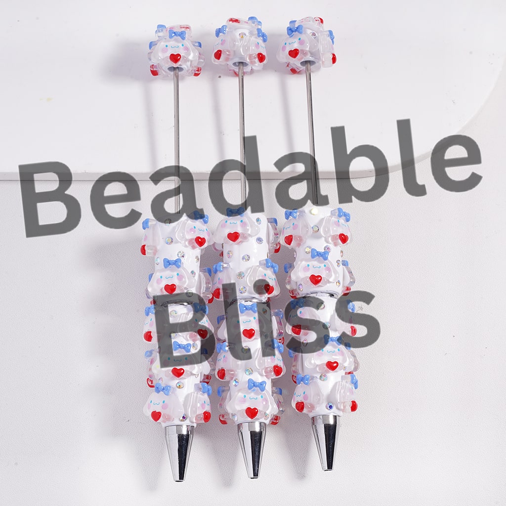 Beadable Clay Pens with Adorable Character Wearing Blue Bowtie and Holding Red Heart and AB Rhinestones